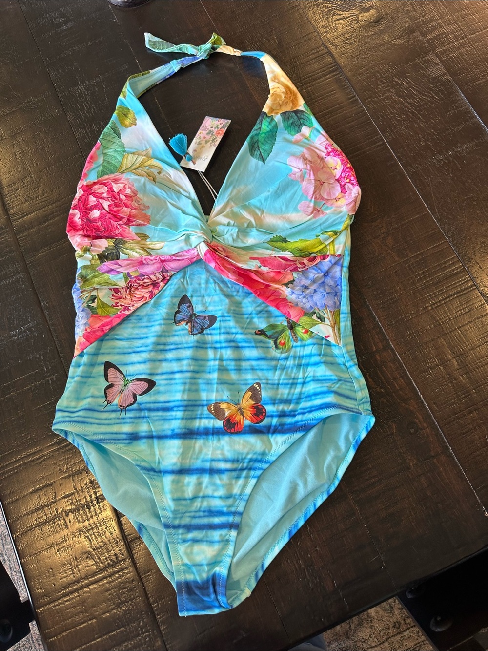 Women’s Johnny Was Size XL Floral Butterfly One-Piece Swimsuit - Aqua